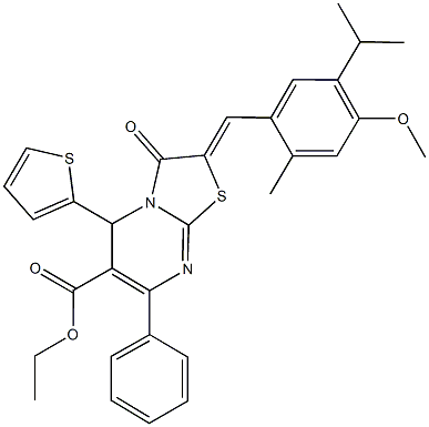 ethyl 2-(5-isopropyl-4-methoxy-2-methylbenzylidene)-3-oxo-7-phenyl-5-(2-thienyl)-2,3-dihydro-5H-[1,3]thiazolo[3,2-a]pyrimidine-6-carboxylate Struktur