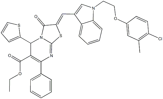 ethyl 2-({1-[2-(4-chloro-3-methylphenoxy)ethyl]-1H-indol-3-yl}methylene)-3-oxo-7-phenyl-5-(2-thienyl)-2,3-dihydro-5H-[1,3]thiazolo[3,2-a]pyrimidine-6-carboxylate Struktur