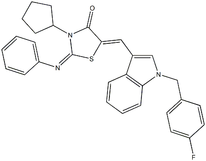 3-cyclopentyl-5-{[1-(4-fluorobenzyl)-1H-indol-3-yl]methylene}-2-(phenylimino)-1,3-thiazolidin-4-one Struktur