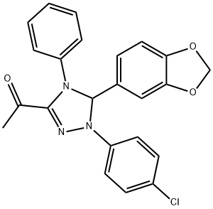 1-[5-(1,3-benzodioxol-5-yl)-1-(4-chlorophenyl)-4-phenyl-4,5-dihydro-1H-1,2,4-triazol-3-yl]ethanone Struktur