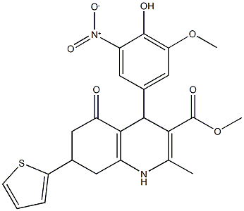 methyl 4-{4-hydroxy-3-nitro-5-methoxyphenyl}-2-methyl-5-oxo-7-(2-thienyl)-1,4,5,6,7,8-hexahydro-3-quinolinecarboxylate Struktur