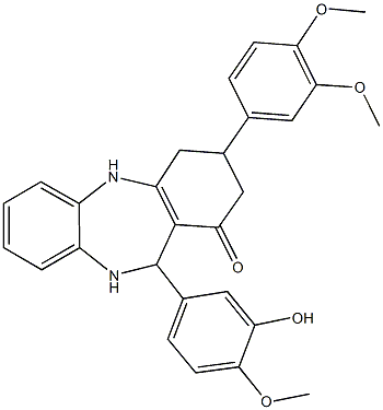 3-(3,4-dimethoxyphenyl)-11-(3-hydroxy-4-methoxyphenyl)-2,3,4,5,10,11-hexahydro-1H-dibenzo[b,e][1,4]diazepin-1-one Struktur