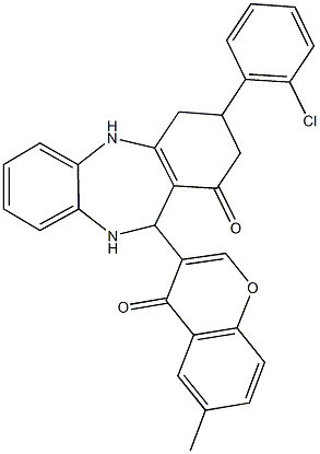 3-(2-chlorophenyl)-11-(6-methyl-4-oxo-4H-chromen-3-yl)-2,3,4,5,10,11-hexahydro-1H-dibenzo[b,e][1,4]diazepin-1-one Struktur