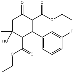 diethyl 2-(3-fluorophenyl)-4-hydroxy-4-methyl-6-oxo-1,3-cyclohexanedicarboxylate Struktur