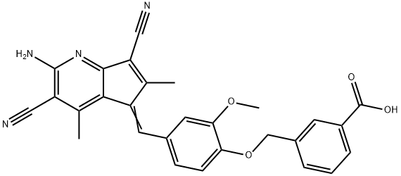 3-({4-[(2-amino-3,7-dicyano-4,6-dimethyl-5H-cyclopenta[b]pyridin-5-ylidene)methyl]-2-methoxyphenoxy}methyl)benzoic acid Struktur