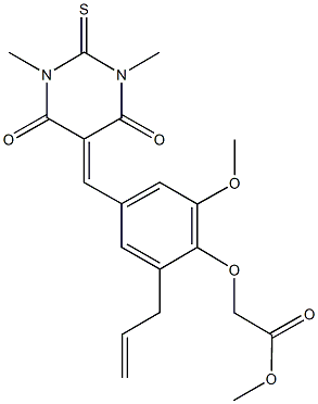 methyl {2-allyl-4-[(1,3-dimethyl-4,6-dioxo-2-thioxotetrahydro-5(2H)-pyrimidinylidene)methyl]-6-methoxyphenoxy}acetate Struktur