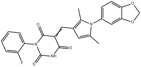 5-{[1-(1,3-benzodioxol-5-yl)-2,5-dimethyl-1H-pyrrol-3-yl]methylene}-1-(2-fluorophenyl)-2-thioxodihydro-4,6(1H,5H)-pyrimidinedione Struktur