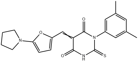 1-(3,5-dimethylphenyl)-5-{[5-(1-pyrrolidinyl)-2-furyl]methylene}-2-thioxodihydro-4,6(1H,5H)-pyrimidinedione Struktur