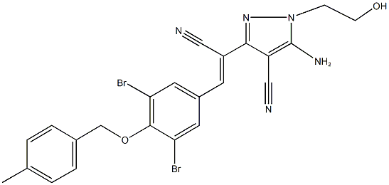 5-amino-3-(1-cyano-2-{3,5-dibromo-4-[(4-methylbenzyl)oxy]phenyl}vinyl)-1-(2-hydroxyethyl)-1H-pyrazole-4-carbonitrile Struktur