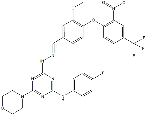 4-[2-nitro-4-(trifluoromethyl)phenoxy]-3-methoxybenzaldehyde [4-(4-fluoroanilino)-6-(4-morpholinyl)-1,3,5-triazin-2-yl]hydrazone Struktur