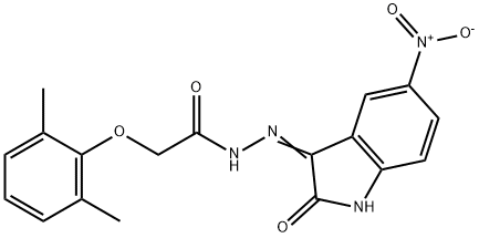 2-(2,6-dimethylphenoxy)-N'-{5-nitro-2-oxo-1,2-dihydro-3H-indol-3-ylidene}acetohydrazide Struktur