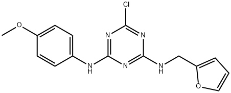 6-chloro-N~2~-(2-furylmethyl)-N~4~-(4-methoxyphenyl)-1,3,5-triazine-2,4-diamine Struktur