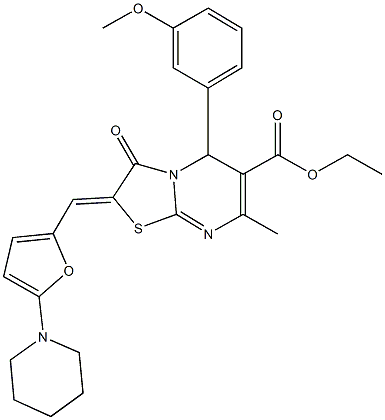 ethyl 5-(3-methoxyphenyl)-7-methyl-3-oxo-2-{[5-(1-piperidinyl)-2-furyl]methylene}-2,3-dihydro-5H-[1,3]thiazolo[3,2-a]pyrimidine-6-carboxylate Struktur