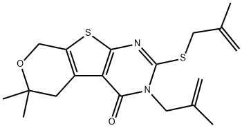 6,6-dimethyl-3-(2-methyl-2-propenyl)-2-[(2-methyl-2-propenyl)sulfanyl]-3,5,6,8-tetrahydro-4H-pyrano[4',3':4,5]thieno[2,3-d]pyrimidin-4-one Struktur