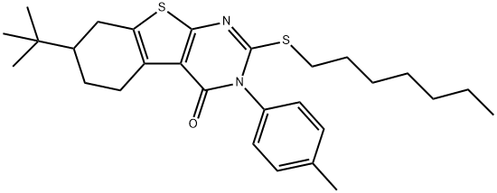 7-tert-butyl-2-(heptylsulfanyl)-3-(4-methylphenyl)-5,6,7,8-tetrahydro[1]benzothieno[2,3-d]pyrimidin-4(3H)-one Struktur