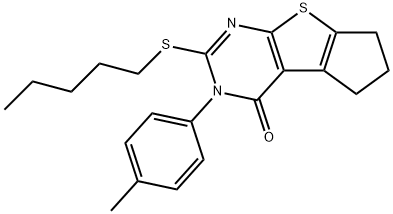 3-(4-methylphenyl)-2-(pentylsulfanyl)-3,5,6,7-tetrahydro-4H-cyclopenta[4,5]thieno[2,3-d]pyrimidin-4-one Struktur