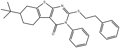 7-tert-butyl-3-phenyl-2-[(2-phenylethyl)sulfanyl]-5,6,7,8-tetrahydro[1]benzothieno[2,3-d]pyrimidin-4(3H)-one Struktur