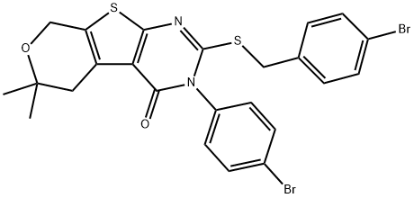 2-[(4-bromobenzyl)sulfanyl]-3-(4-bromophenyl)-6,6-dimethyl-3,5,6,8-tetrahydro-4H-pyrano[4',3':4,5]thieno[2,3-d]pyrimidin-4-one Struktur