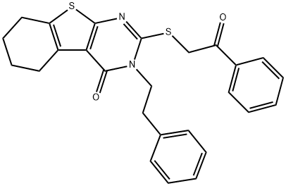 2-[(2-oxo-2-phenylethyl)sulfanyl]-3-(2-phenylethyl)-5,6,7,8-tetrahydro[1]benzothieno[2,3-d]pyrimidin-4(3H)-one Struktur