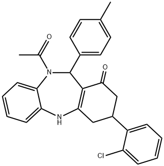 10-acetyl-3-(2-chlorophenyl)-11-(4-methylphenyl)-2,3,4,5,10,11-hexahydro-1H-dibenzo[b,e][1,4]diazepin-1-one Struktur