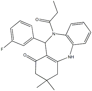 11-(3-fluorophenyl)-3,3-dimethyl-10-propionyl-2,3,4,5,10,11-hexahydro-1H-dibenzo[b,e][1,4]diazepin-1-one Struktur