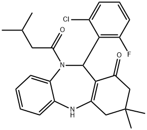 11-(2-chloro-6-fluorophenyl)-3,3-dimethyl-10-(3-methylbutanoyl)-2,3,4,5,10,11-hexahydro-1H-dibenzo[b,e][1,4]diazepin-1-one Struktur