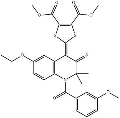 dimethyl 2-(6-ethoxy-1-(3-methoxybenzoyl)-2,2-dimethyl-3-thioxo-2,3-dihydro-4(1H)-quinolinylidene)-1,3-dithiole-4,5-dicarboxylate Struktur