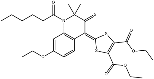 diethyl 2-(7-ethoxy-1-hexanoyl-2,2-dimethyl-3-thioxo-2,3-dihydro-4(1H)-quinolinylidene)-1,3-dithiole-4,5-dicarboxylate Struktur