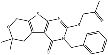 3-benzyl-6,6-dimethyl-2-[(2-methyl-2-propenyl)sulfanyl]-3,5,6,8-tetrahydro-4H-pyrano[4',3':4,5]thieno[2,3-d]pyrimidin-4-one Struktur