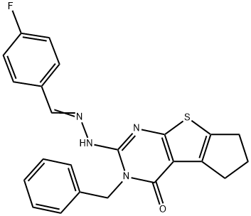 4-fluorobenzaldehyde (3-benzyl-4-oxo-3,5,6,7-tetrahydro-4H-cyclopenta[4,5]thieno[2,3-d]pyrimidin-2-yl)hydrazone Struktur