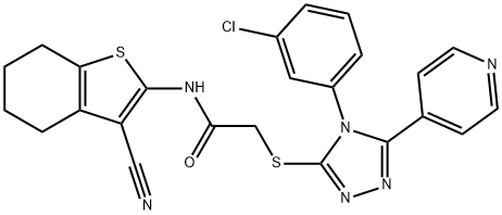 2-{[4-(3-chlorophenyl)-5-(4-pyridinyl)-4H-1,2,4-triazol-3-yl]sulfanyl}-N-(3-cyano-4,5,6,7-tetrahydro-1-benzothien-2-yl)acetamide Struktur