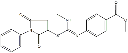 methyl 4-{[[(2,5-dioxo-1-phenyl-3-pyrrolidinyl)sulfanyl](ethylamino)methylene]amino}benzoate Struktur