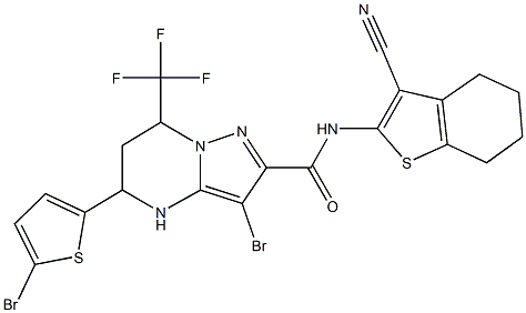 3-bromo-5-(5-bromo-2-thienyl)-N-(3-cyano-4,5,6,7-tetrahydro-1-benzothien-2-yl)-7-(trifluoromethyl)-4,5,6,7-tetrahydropyrazolo[1,5-a]pyrimidine-2-carboxamide Struktur