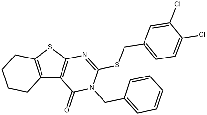 3-benzyl-2-[(3,4-dichlorobenzyl)sulfanyl]-5,6,7,8-tetrahydro[1]benzothieno[2,3-d]pyrimidin-4(3H)-one Struktur