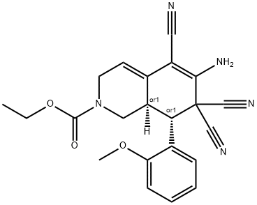 ethyl 6-amino-5,7,7-tricyano-8-(2-methoxyphenyl)-3,7,8,8a-tetrahydro-2(1H)-isoquinolinecarboxylate Struktur