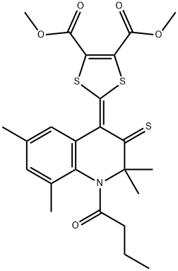 dimethyl 2-(1-butyryl-2,2,6,8-tetramethyl-3-thioxo-2,3-dihydro-4(1H)-quinolinylidene)-1,3-dithiole-4,5-dicarboxylate Struktur