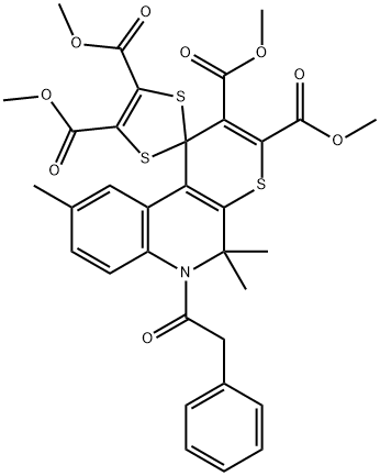 tetramethyl 5',5',9'-trimethyl-6'-(phenylacetyl)-5',6'-dihydrospiro[1,3-dithiole-2,1'-1'H-thiopyrano[2,3-c]quinoline]-2',3',4,5-tetracarboxylate Struktur