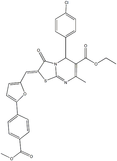 ethyl 5-(4-chlorophenyl)-2-({5-[4-(methoxycarbonyl)phenyl]-2-furyl}methylene)-7-methyl-3-oxo-2,3-dihydro-5H-[1,3]thiazolo[3,2-a]pyrimidine-6-carboxylate Struktur