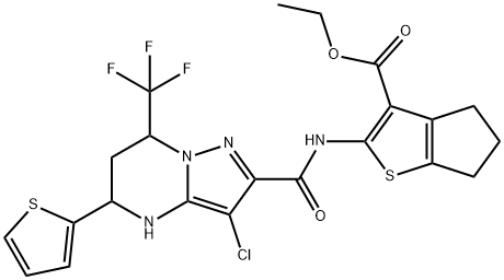 ethyl 2-({[3-chloro-5-(2-thienyl)-7-(trifluoromethyl)-4,5,6,7-tetrahydropyrazolo[1,5-a]pyrimidin-2-yl]carbonyl}amino)-5,6-dihydro-4H-cyclopenta[b]thiophene-3-carboxylate Struktur