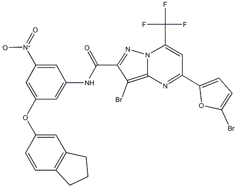 3-bromo-5-(5-bromo-2-furyl)-N-{3-(2,3-dihydro-1H-inden-5-yloxy)-5-nitrophenyl}-7-(trifluoromethyl)pyrazolo[1,5-a]pyrimidine-2-carboxamide Struktur