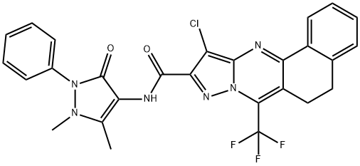 11-chloro-N-(1,5-dimethyl-3-oxo-2-phenyl-2,3-dihydro-1H-pyrazol-4-yl)-7-(trifluoromethyl)-5,6-dihydrobenzo[h]pyrazolo[5,1-b]quinazoline-10-carboxamide Struktur