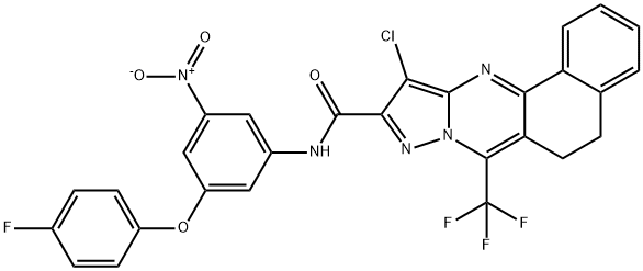 11-chloro-N-{3-(4-fluorophenoxy)-5-nitrophenyl}-7-(trifluoromethyl)-5,6-dihydrobenzo[h]pyrazolo[5,1-b]quinazoline-10-carboxamide Struktur