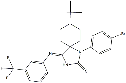 1-(4-bromophenyl)-8-tert-butyl-4-{[3-(trifluoromethyl)phenyl]imino}-1,3-diazaspiro[4.5]decane-2-thione Struktur