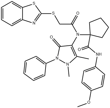 1-[[(1,3-benzothiazol-2-ylsulfanyl)acetyl](1,5-dimethyl-3-oxo-2-phenyl-2,3-dihydro-1H-pyrazol-4-yl)amino]-N-(4-methoxyphenyl)cyclopentanecarboxamide Struktur