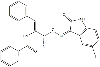 N-(1-{[2-(5-iodo-2-oxo-1,2-dihydro-3H-indol-3-ylidene)hydrazino]carbonyl}-2-phenylvinyl)benzamide Struktur