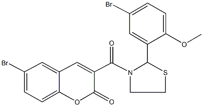 6-bromo-3-{[2-(5-bromo-2-methoxyphenyl)-1,3-thiazolidin-3-yl]carbonyl}-2H-chromen-2-one Struktur