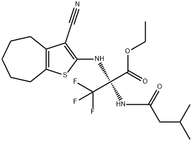 ethyl 2-[(3-cyano-5,6,7,8-tetrahydro-4H-cyclohepta[b]thien-2-yl)amino]-3,3,3-trifluoro-2-[(3-methylbutanoyl)amino]propanoate Struktur