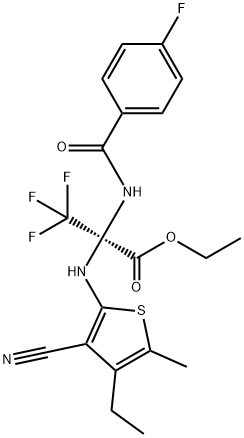 ethyl 2-[(3-cyano-4-ethyl-5-methyl-2-thienyl)amino]-3,3,3-trifluoro-2-[(4-fluorobenzoyl)amino]propanoate Struktur