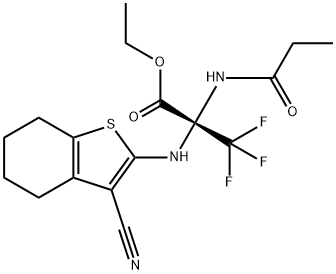 ethyl 2-[(3-cyano-4,5,6,7-tetrahydro-1-benzothien-2-yl)amino]-3,3,3-trifluoro-2-(propionylamino)propanoate Struktur