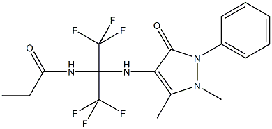 N-[1-[(1,5-dimethyl-3-oxo-2-phenyl-2,3-dihydro-1H-pyrazol-4-yl)amino]-2,2,2-trifluoro-1-(trifluoromethyl)ethyl]propanamide Struktur